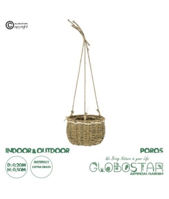 GloboStar® Artificial Garden POROS 20489 Κρεμαστό Πλεκτό Καλάθι - Κασπώ Γλάστρα - Flower Pot Μπεζ Φ20cm x Υ50cm